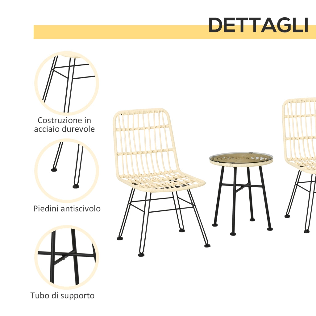 Set Bistr¨° da Giardino 3 Pezzi ¨C Xylo ¨C Rattan PE Tavolino Vetro 2 Sedie Crema Esterno