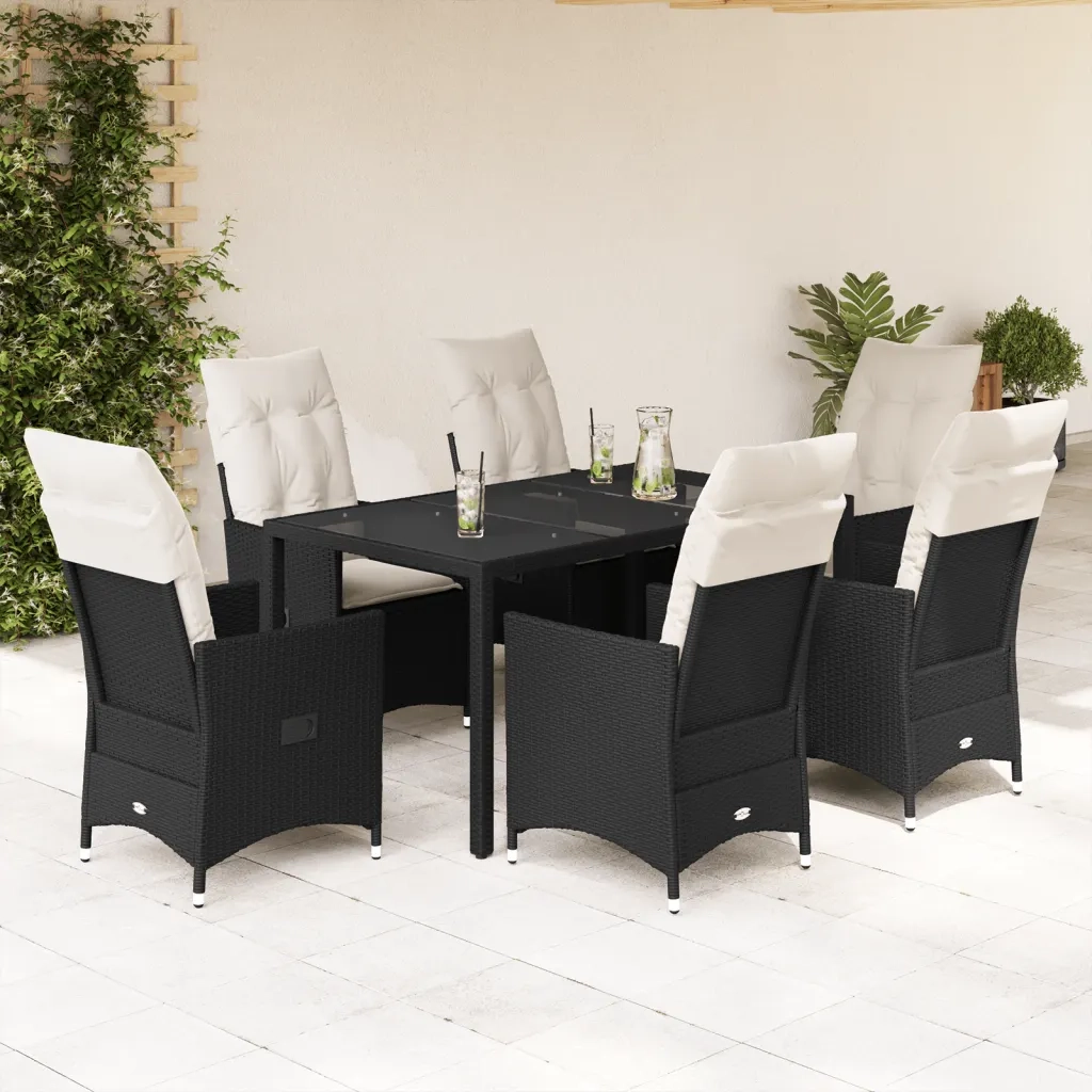 Set da Pranzo da Giardino 7 pz Nero con Cuscini in Polyrattan 3276696