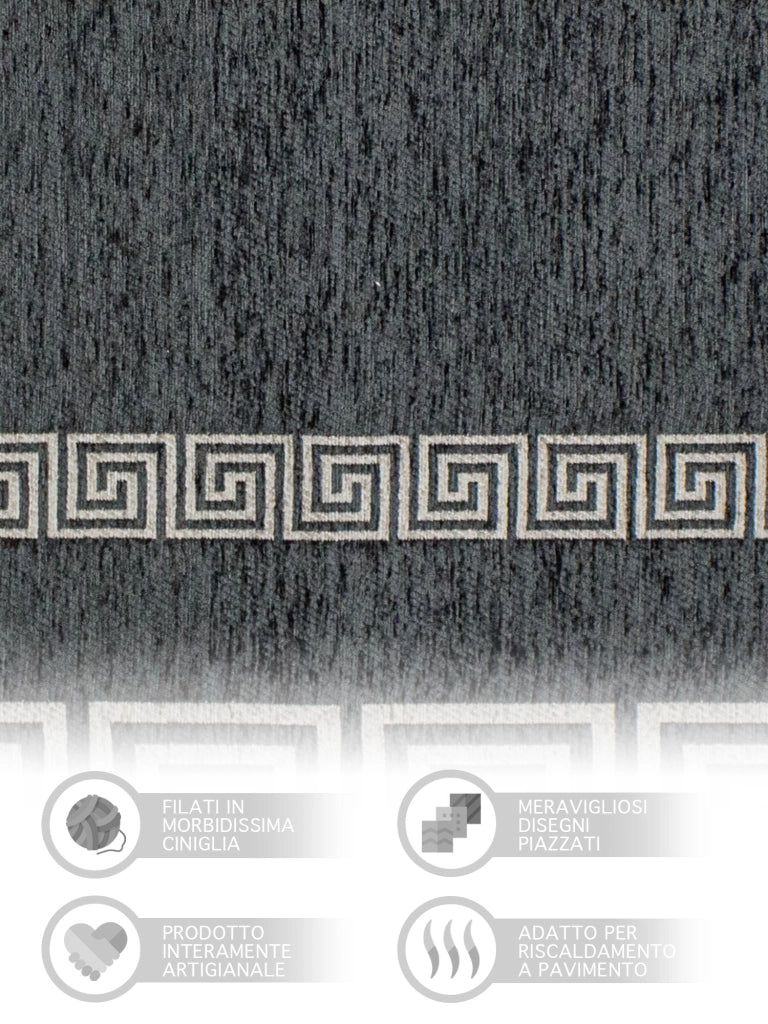 Tappeto Arredo Moderno Morbido in Ciniglia Ingresso Antiscivolo Prodotto Italiano  Soggiorno Camera Salotto Disegni Piazzati Cotone Varie Misure Grande Atena/Antracite - 65x220 cm