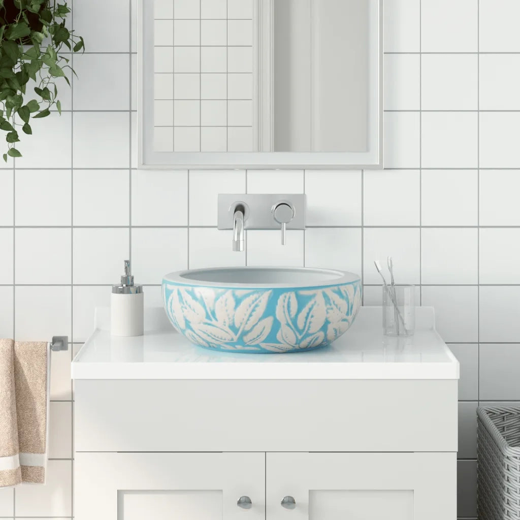 Lavabo da Appoggio-Lavandino-Lavello Bianco e Blu Rotondo ¦µ41x14 cm Ceramica 299215