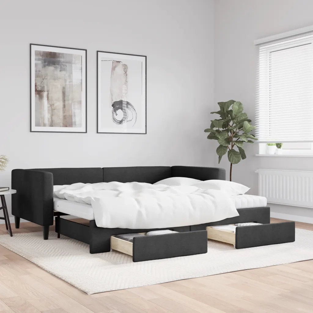 Divano Letto Estraibile con Cassetti Nero 90x190 cm in Tessuto 3196644