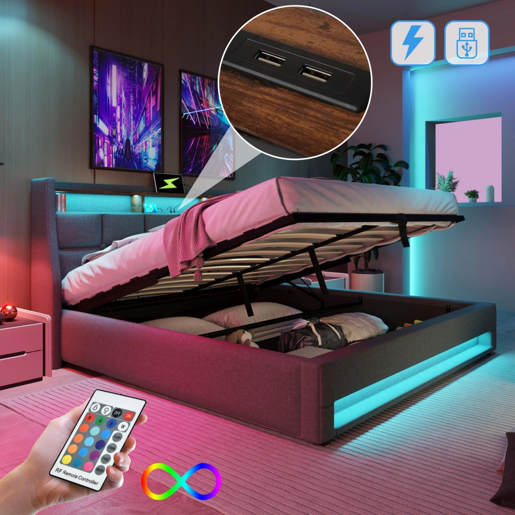 LETTO Imbottito 160x200 cm Grigio con USB e LED, senza materasso