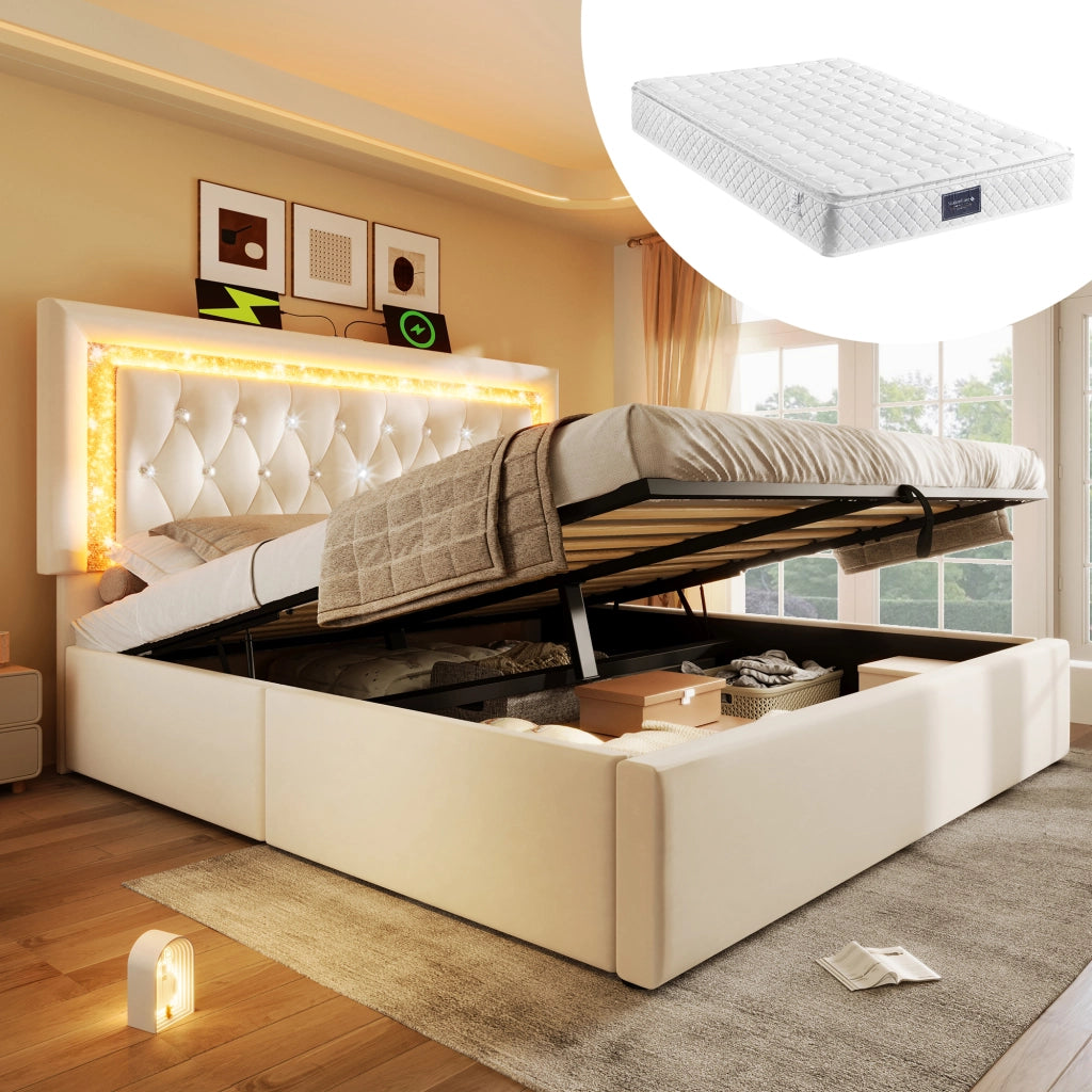 Letto Contenitore 140x200 cm; Letto Matrimoniale con USB; Type-C e LED - Beige