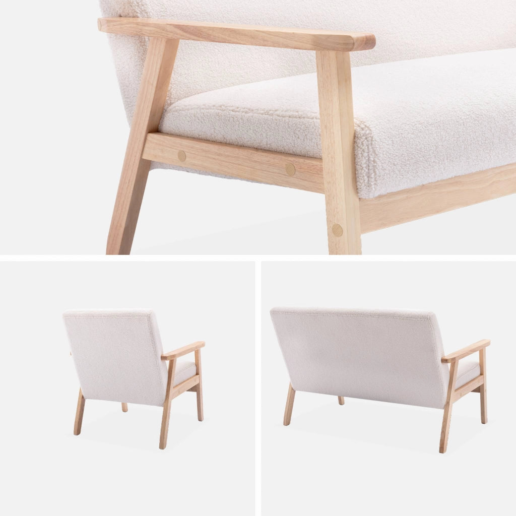 Set panca e poltrona in legno e tessuto, 3 posti, crema