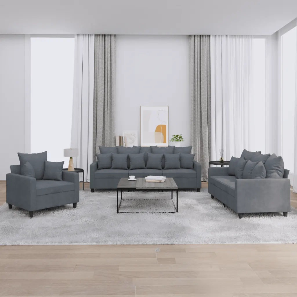 Set di Divani 3 pz con Cuscini Grigio Scuro in Velluto