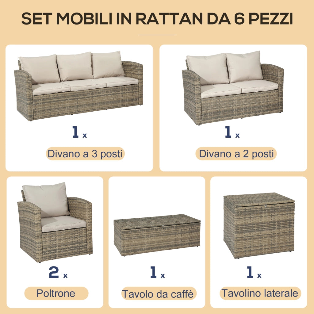 Set da Giardino 6 Pezzi in Rattan con Divani e Poltrone ¨C Zephmum ¨C Beige