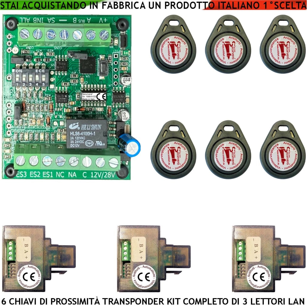 Chiave TAG di Prossimità 3 Lettori su Modulo LAN Universale 501/503 RJ45 Sei Chiavi TAG Trasponder Alimentazione 12/24 Vac Relè Scambio 2A 24 V Funzione Impulsiva o Stabile Segnale di Stato 4 Led GRVB