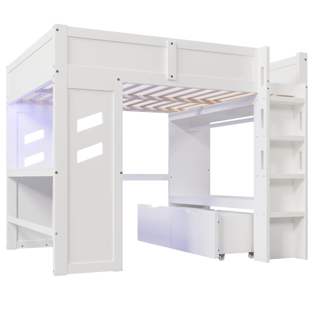 Letto a soppalco 140x200 cm con scrivania, LED, USB-C, 2 cassetti e appendiabiti, bianco