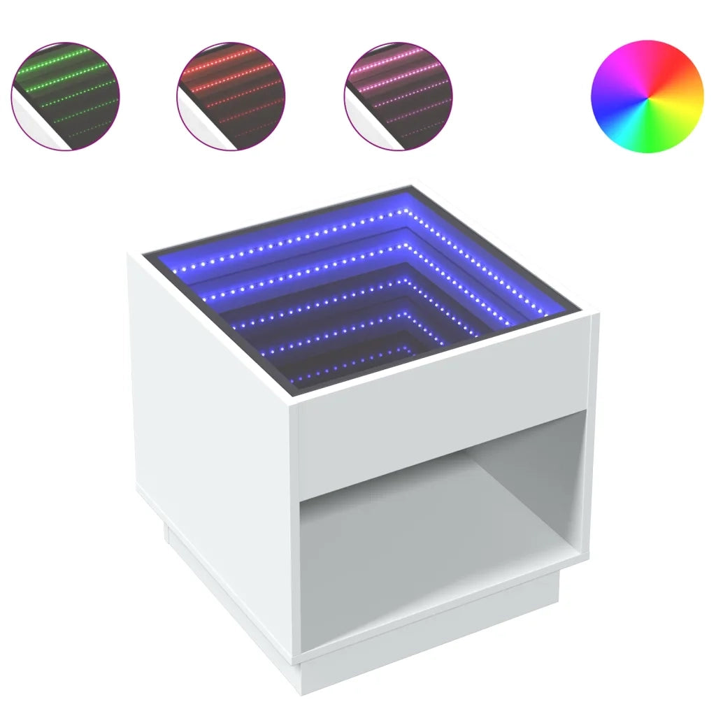 Comodino | Armadio da Notte | Mobiletto da notte con LED Infinity Bianco 50x50x50 cm