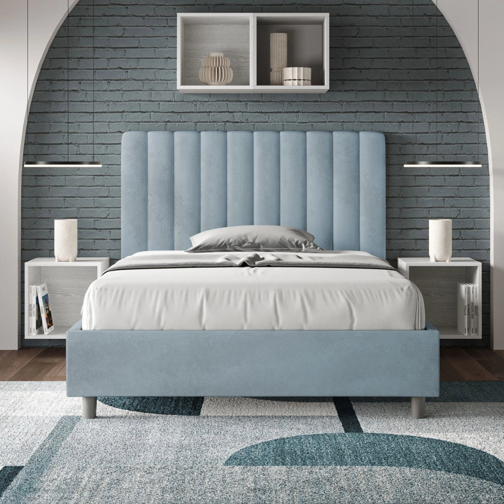 BS COM Letto una piazza e mezza con rete imbottito 120x210 microfibra azzurro
