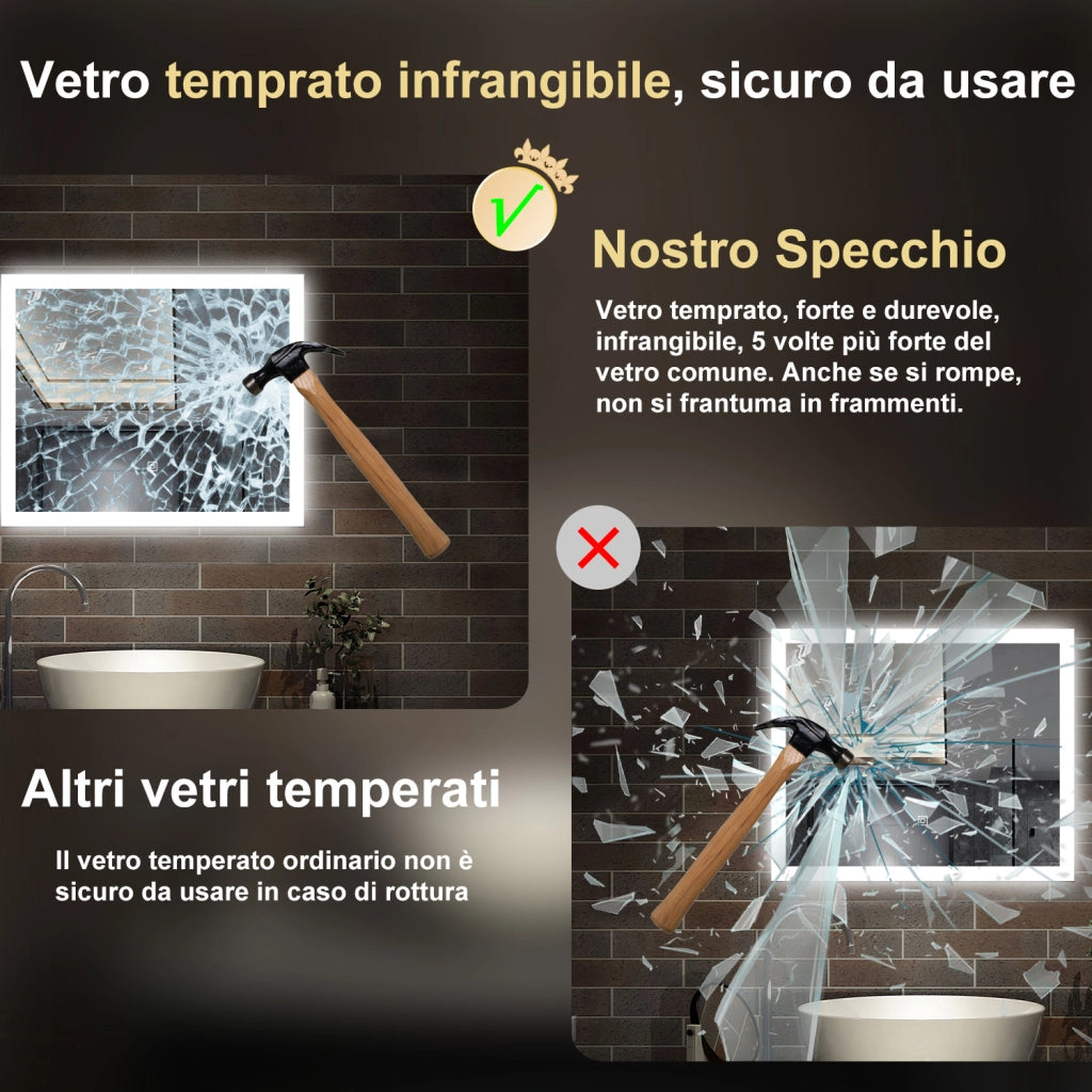 specchio rettangolare 90x70 cm con luce led, antiappannamento e touch
