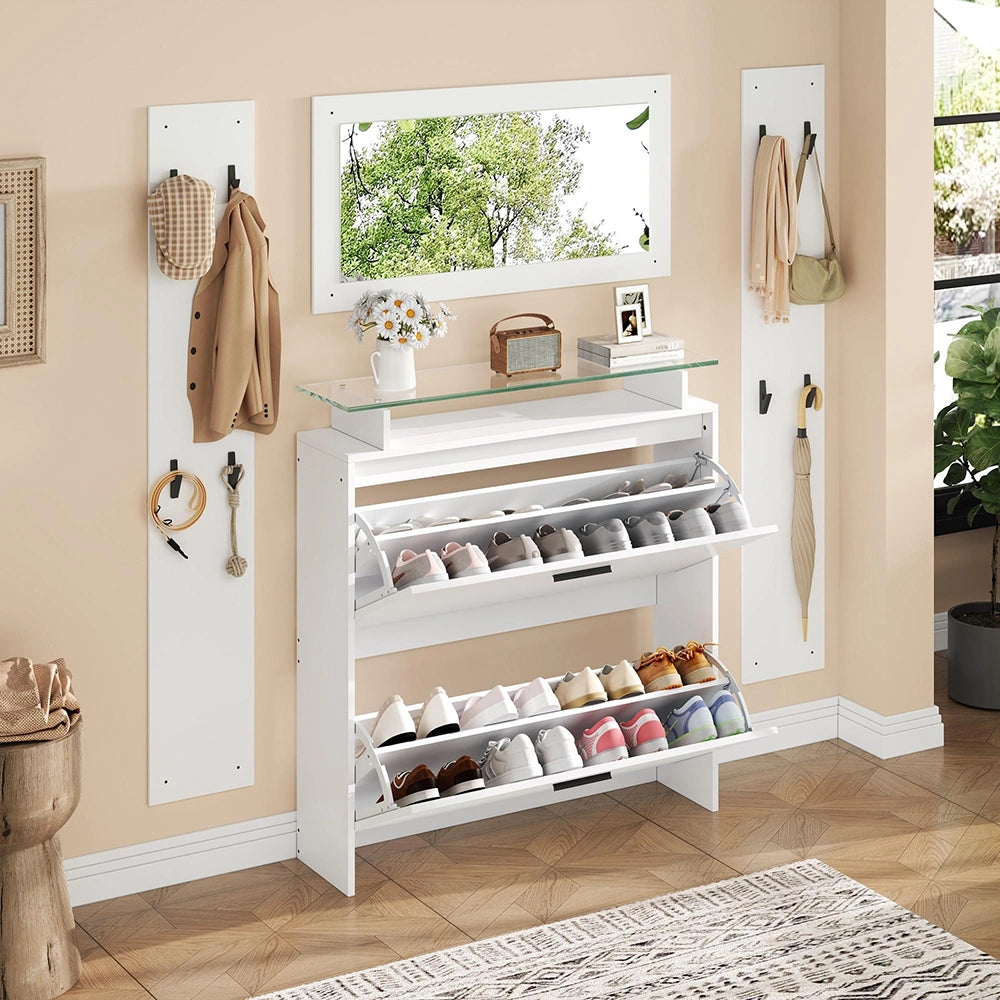 Set Ingresso 4 Pezzi 89.5x23x96.5cm - Xylo - con Specchio e Appendiabiti, Bianco