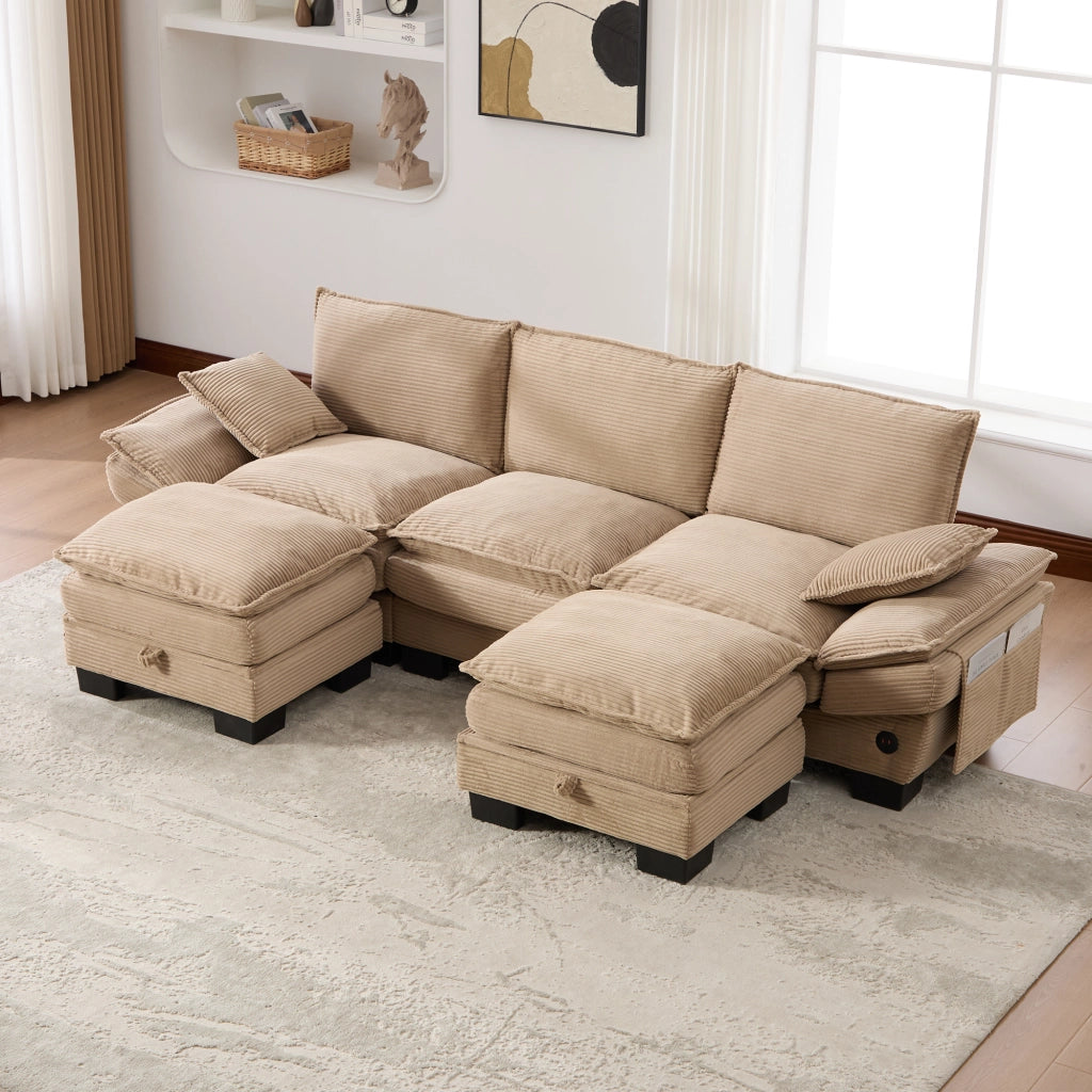 DIVANO 3 posti modulare 260x132x84 cm in corduroy khaki con 2 pouf