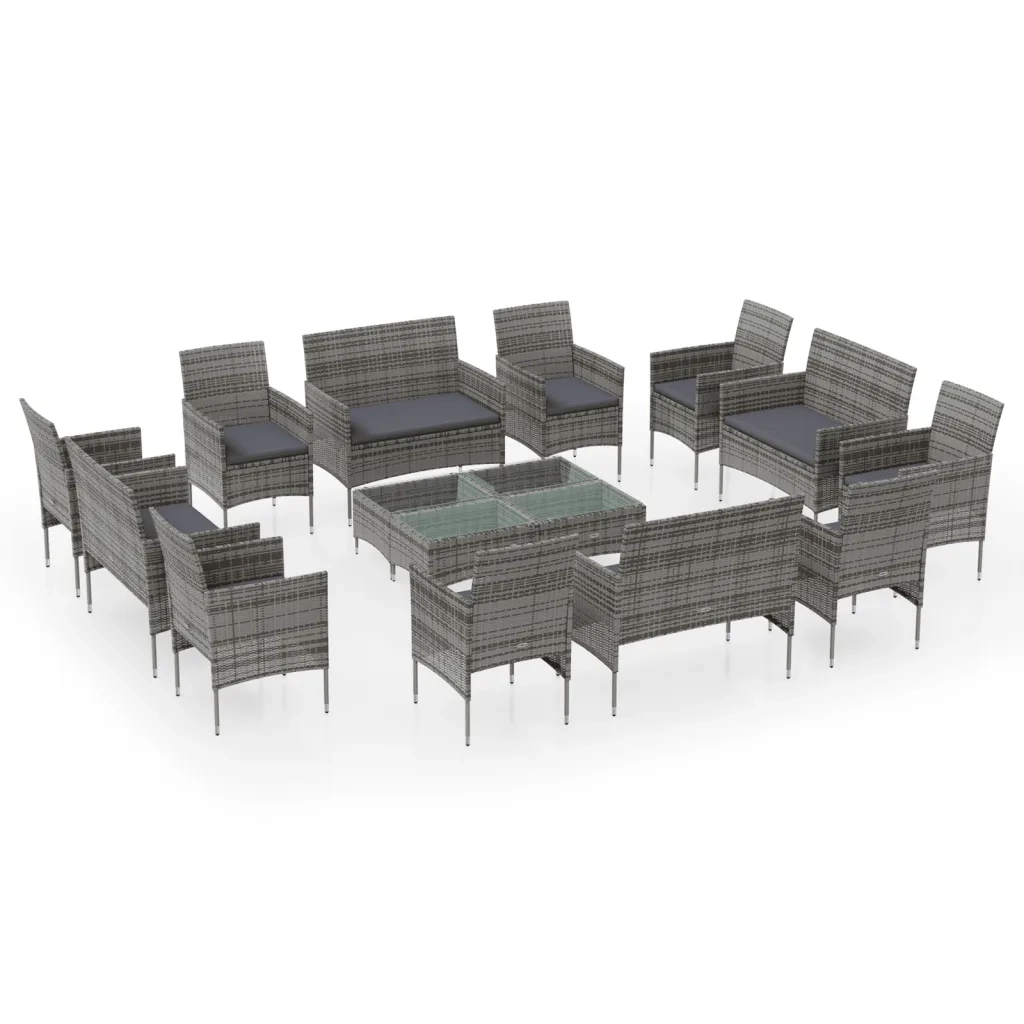 Set Divani da Giardino 16 pz con Cuscini in Polyrattan Grigio 3095960