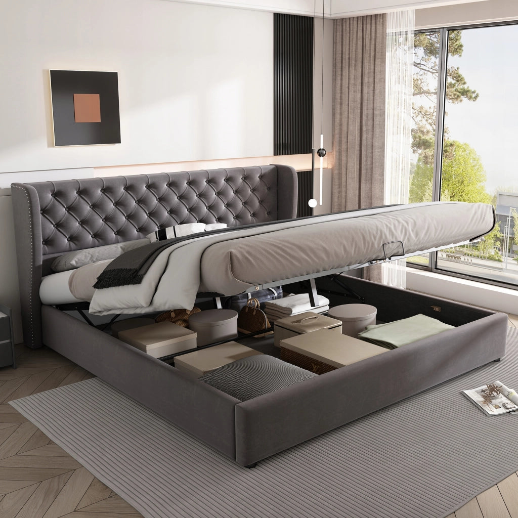 Letto imbottito 160x200 - Xylo - Grigio con sistema idraulico
