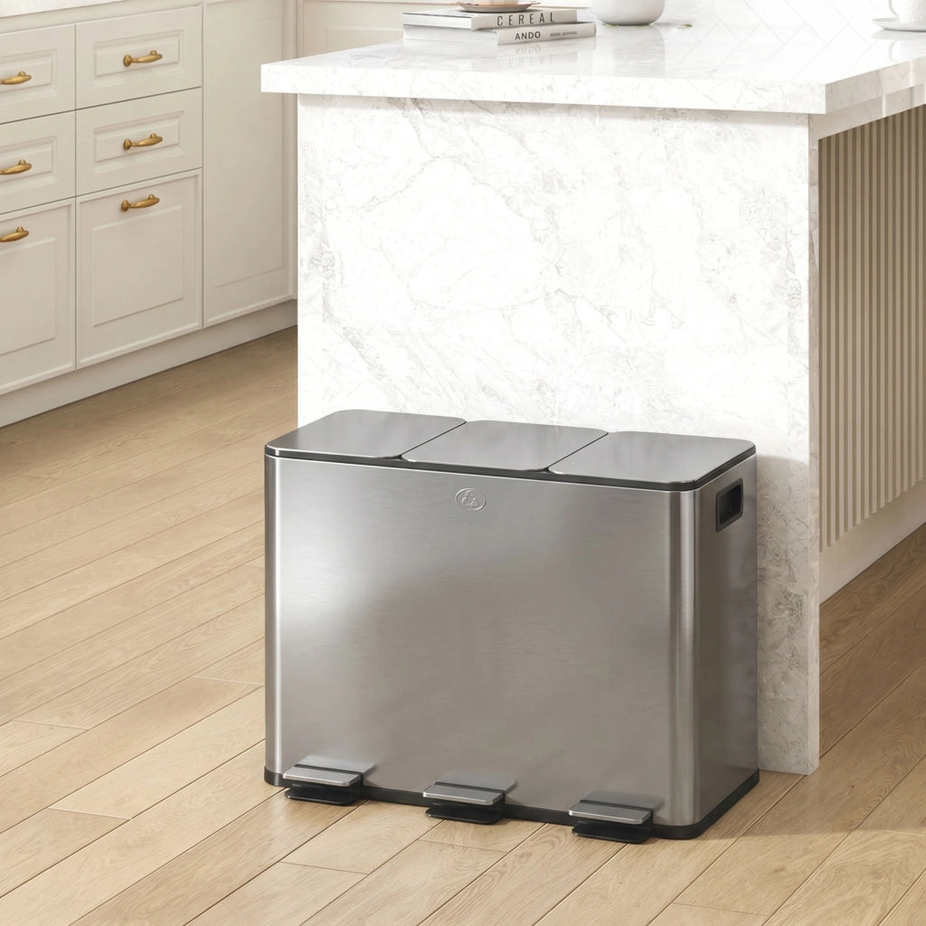 Bidone Immondizia 3 Sezioni 20L Chiusura Silenziosa ¨C zephmum ¨C Acciaio Inox PP 61.9x36.6x56.7 cm
