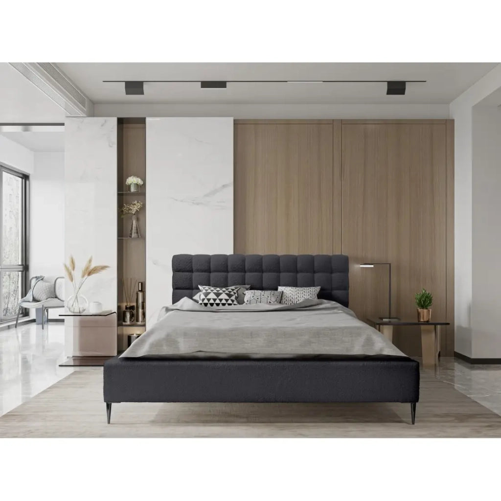 Letto MILLIO – Nero – 180x200 cm – Tessuto bouclé in ciniglia – Rete inclusa – Comfort alberghiero a 5 stelle