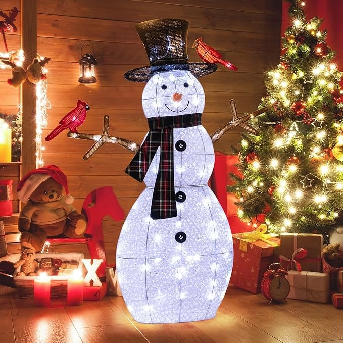 Pupazzo di Neve con luce a LED, Decorazione Natalizia con Luce Incorporata, Pupazzo di Neve e Uccello Rosso, per Giardino Cortile, 127 cm
