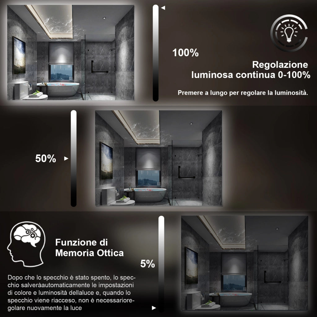 specchio 100 x 60 cm rettangolare con luce led antiappannamento e touch