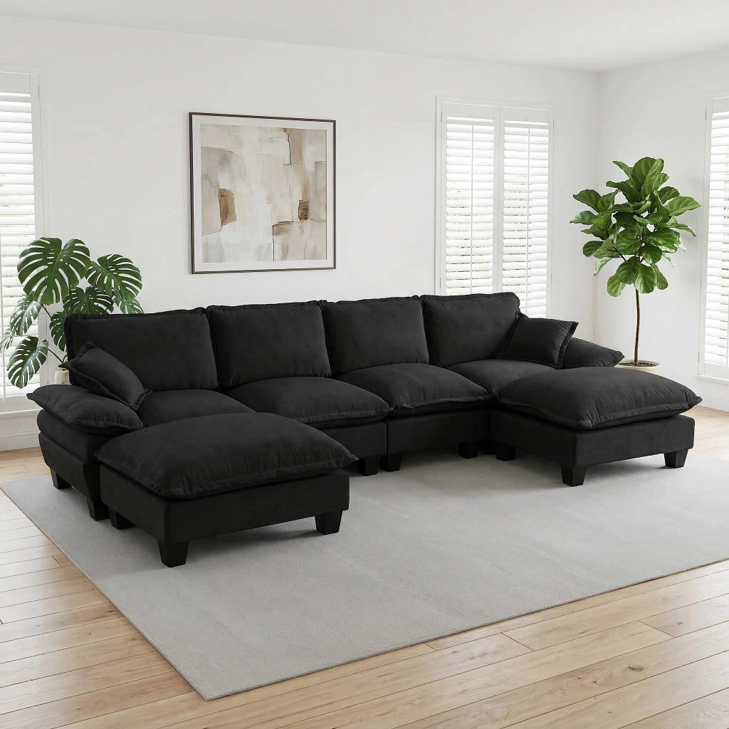 Divano Angolare Modulare 6 Posti ¨C MINIMAL ¨C Chenille Nero con Ottomane