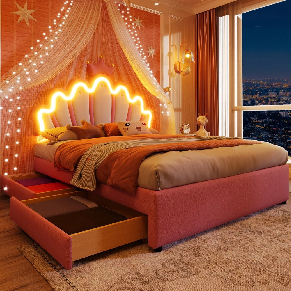 Letto Imbottito con Cassetti e Testiera Regolabile ¨C MINIMAL ¨C Rosa, PU, 140x200