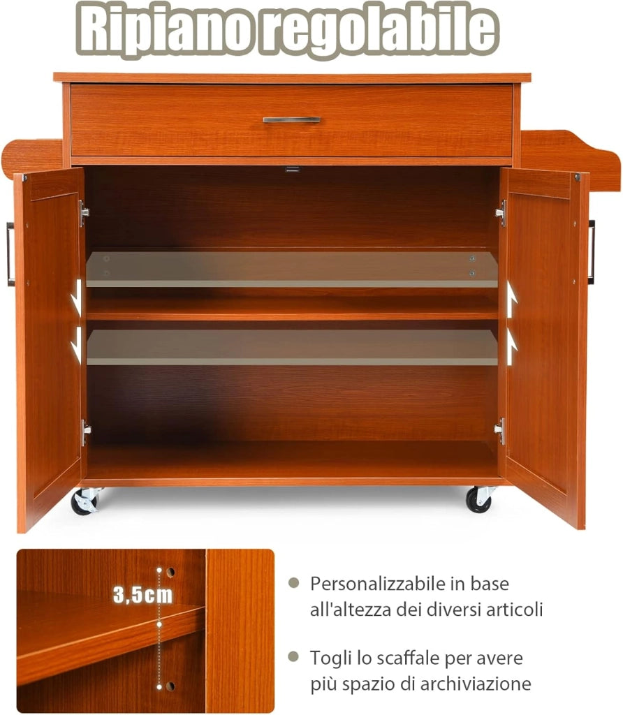 Carrello da Cucina con Ruote di Gomma, Scaffale per Microonde Carrello Servizio, Mobile Cucina con Ripiani e Ante, Credenza Cucina Legno Moderno Elegante, 116 x 37 x 85 cm (Marrone)