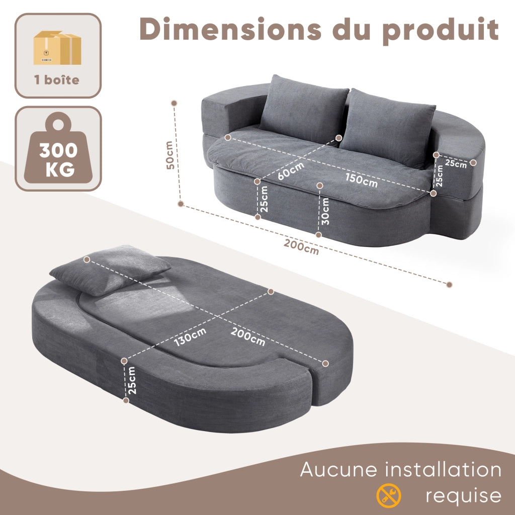 DIVANO LETTO PIEGHEVOLE 131 cm Grigio Chiaro in flanella con coperta