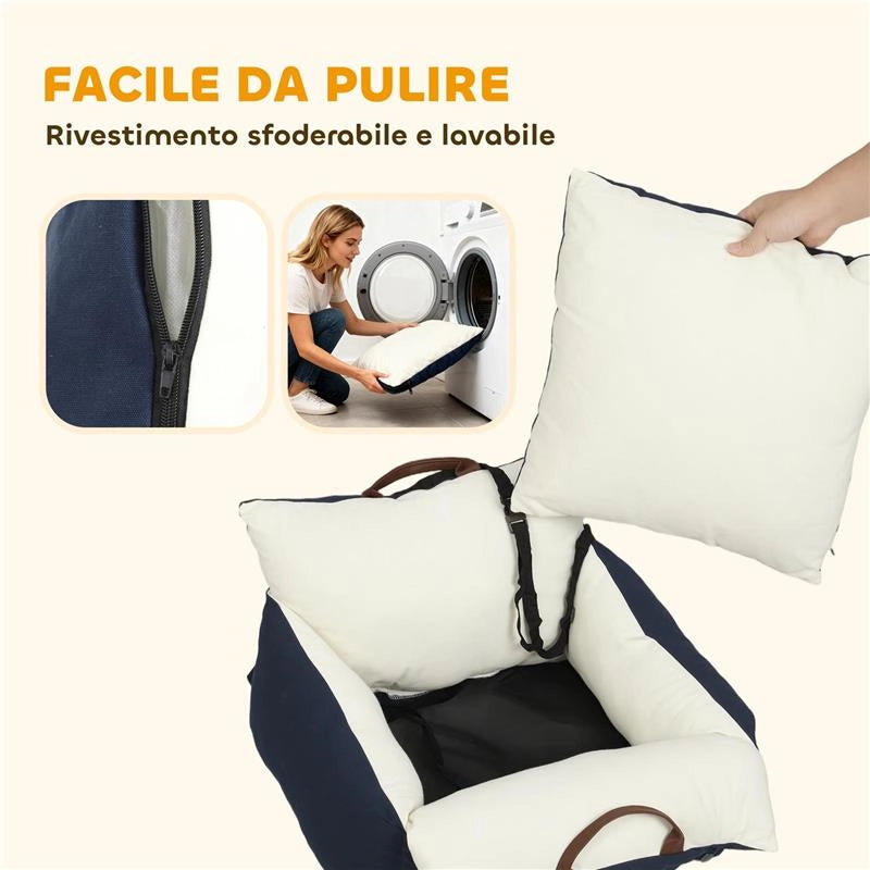 SEGGIOLINO AUTO PER CANI PICCOLI CON GUINZAGLIO DI SICUREZZA, SFODERABILE E LAVABILE, BLU