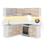 Cucina ad angolo Rick Sonoma/Bianco 207 x 167 cm, PL Marmo con striscia LED Vicco