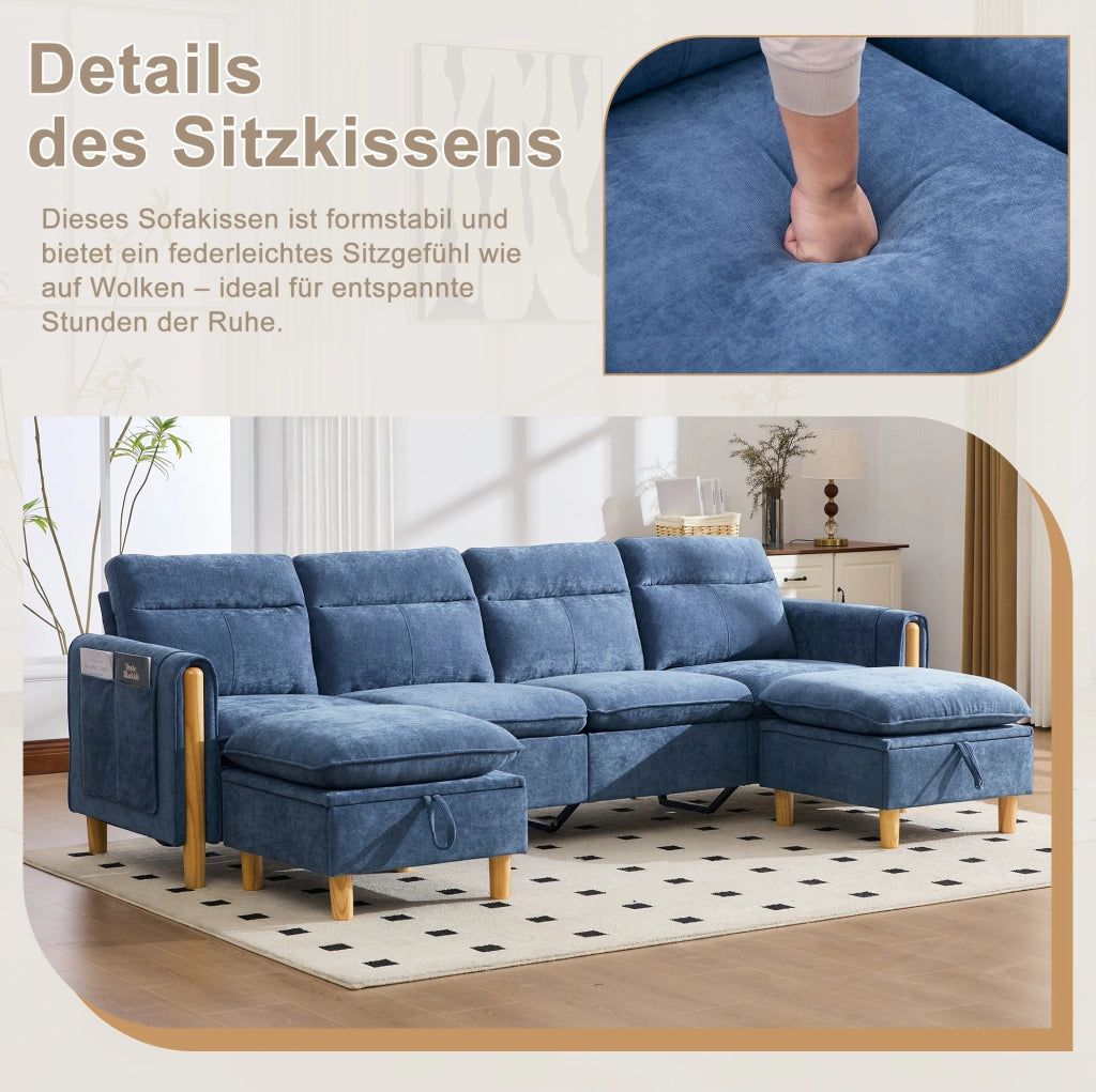 Divano modulare a U per 4 posti con 2 pouf contenitore; in chenille blu; 261 cm