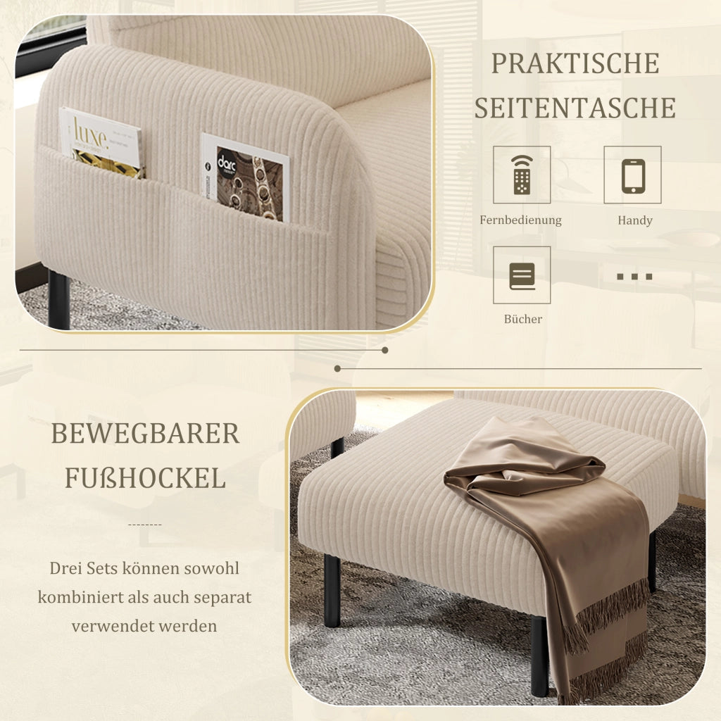 Divano 2 posti; poltrona e pouf con tasca laterale; schienale ergonomico in velluto a coste beige