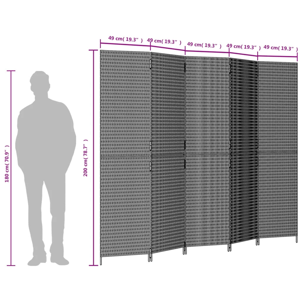 Divisorio per Ambienti | Divider per stanze | Paravento a 5 Pannelli Marrone in Polyrattan