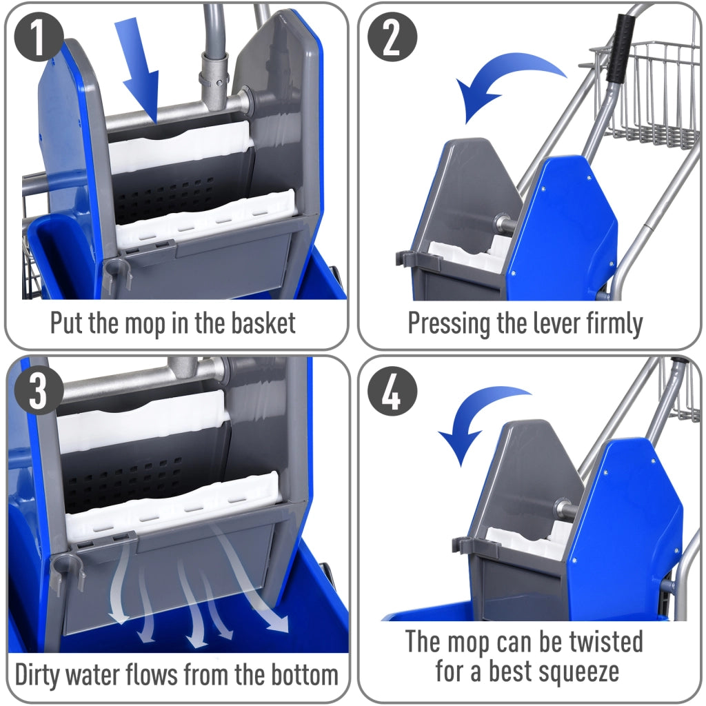 Carrello delle Pulizie Professionale con Secchio da 26L Strizzatore e Cestini a Rete Blu