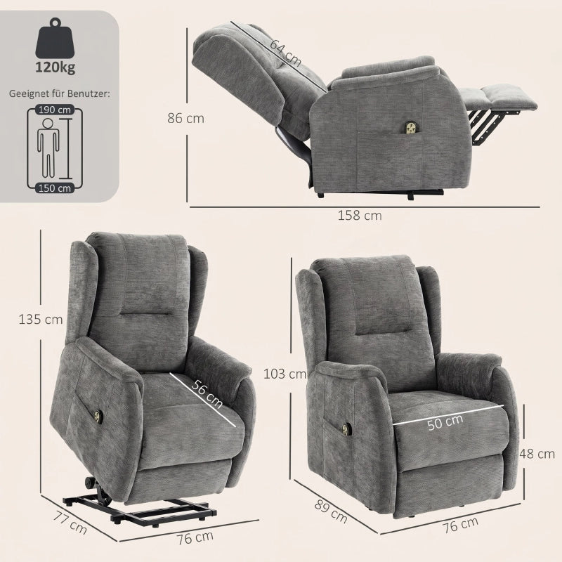Poltrona relax elettrica con funzione alzata, doppio motore e telecomando, grigio scuro