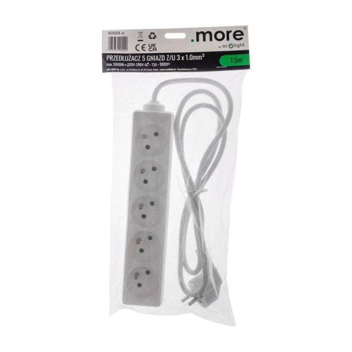 Prolunga elettrica 5 prese 1,5 m bianca 3000W Ecolight