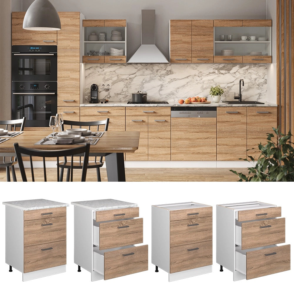 Mobiletto base per cucina R-Line Sonoma/Bianco 60 cm con cassetti, PL Rovere Vicco