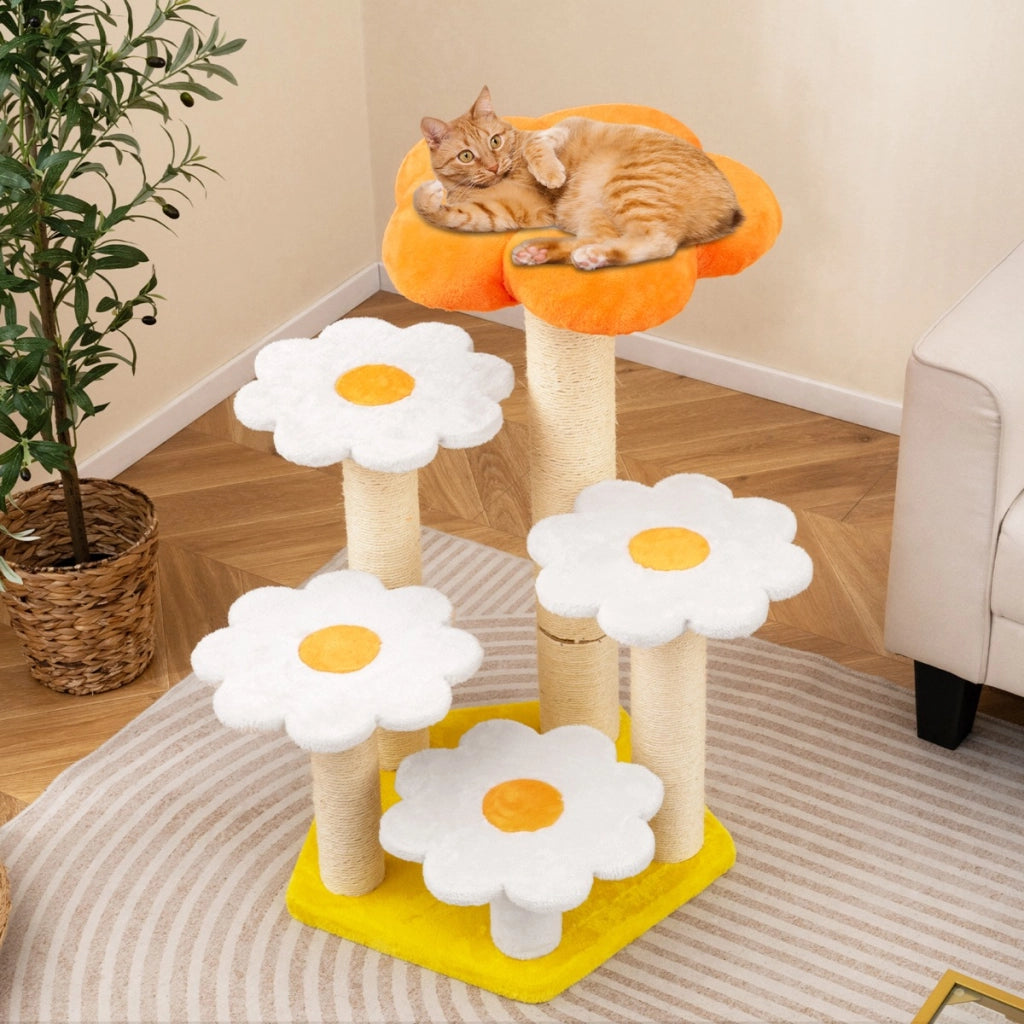 Torre per gatti con comodo trespolo in morbido peluche in sisal per saltare, Albero per gatti da interno a forma di fiore Giallo-Alberi Tiragraffi