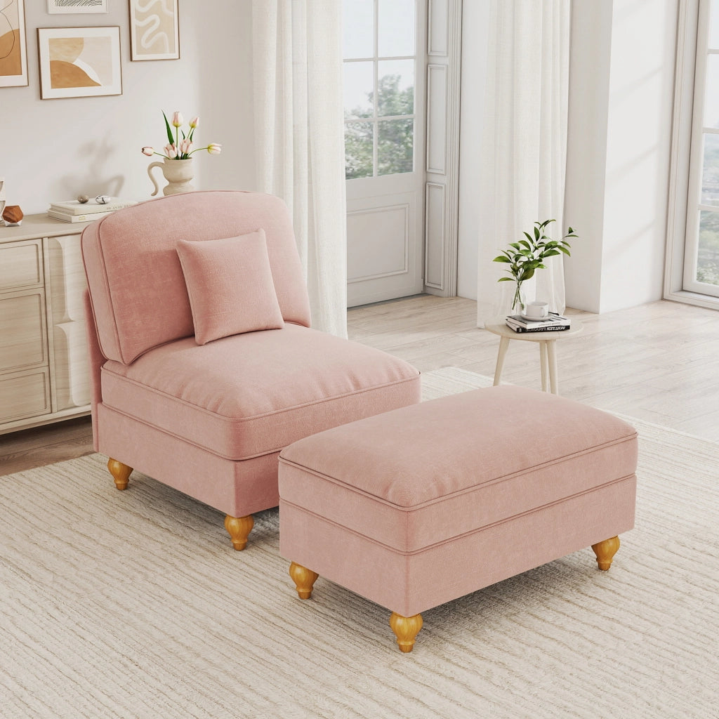 Poltrona con poggiapiedi - con balza removibile e cuscino mobile - in ciniglia - rosa