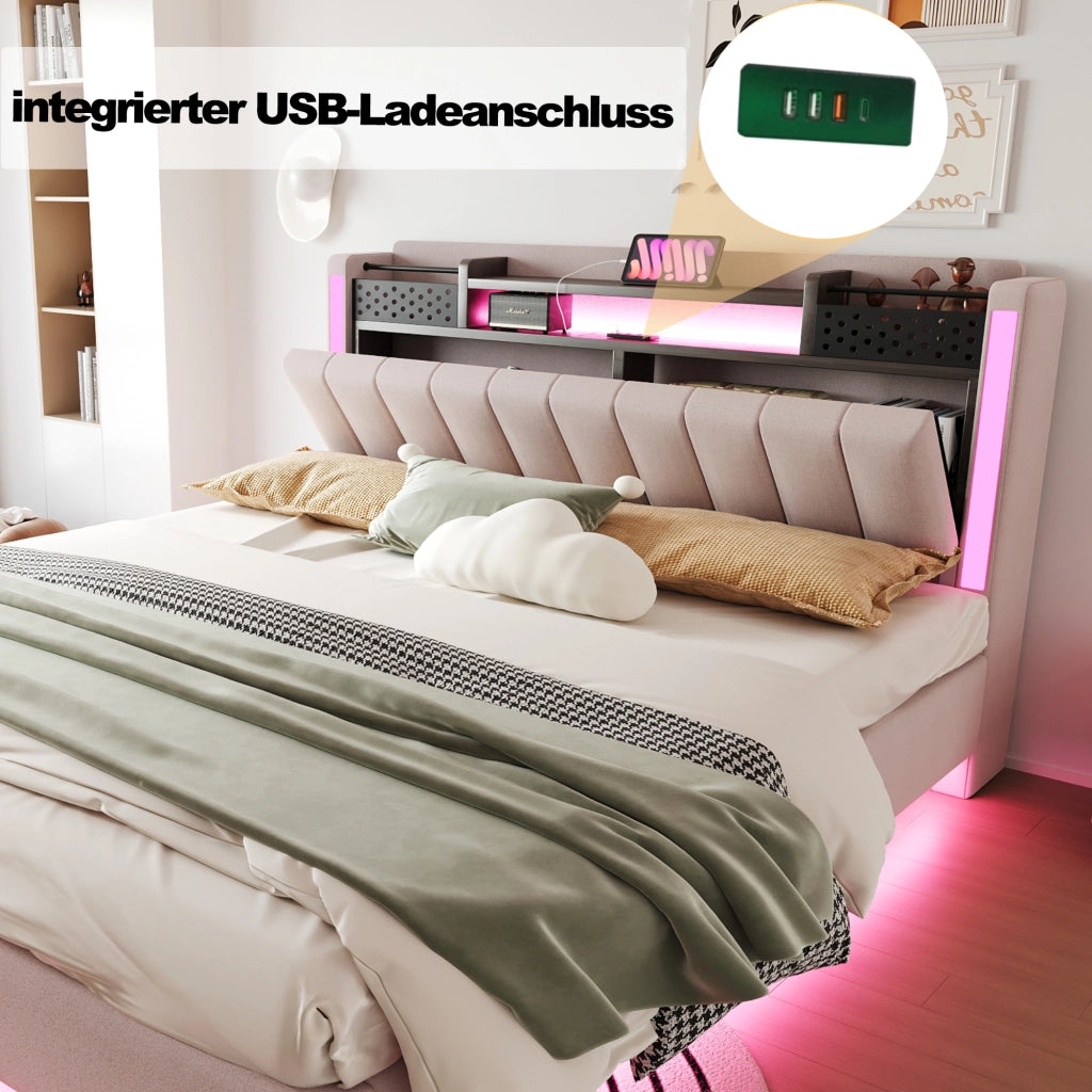 LETTO Imbottito 160x200 cm Beige in tessuto lino con USB e LED