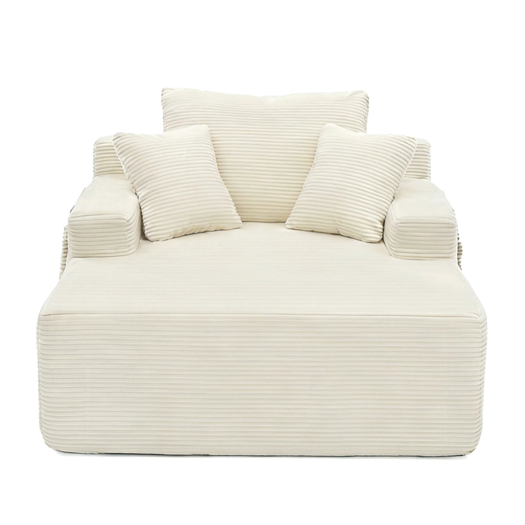 Sofa compatto in corduroy beige con tasche laterali e cuscini inclusi
