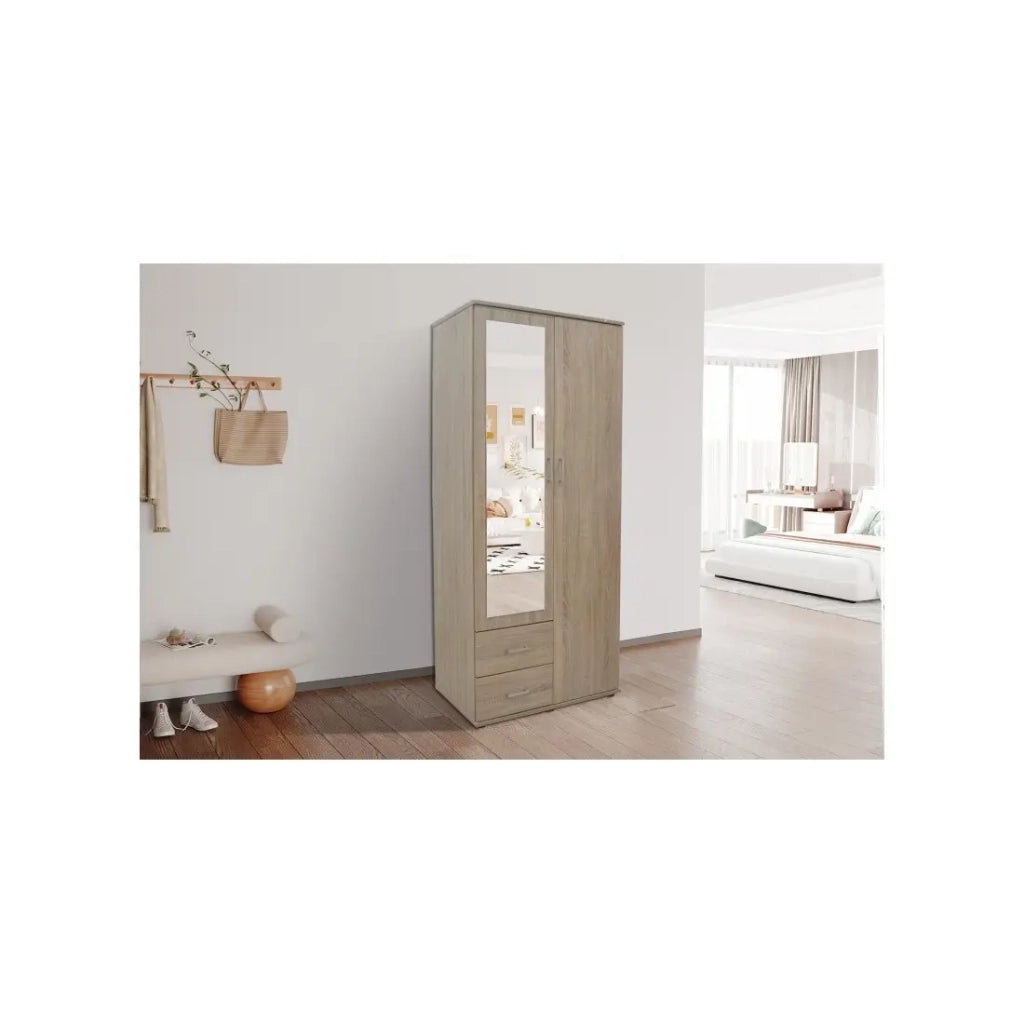 Armadio TOM 2 porte – Rovere Sonoma – Con specchio – L80 x H185 cm