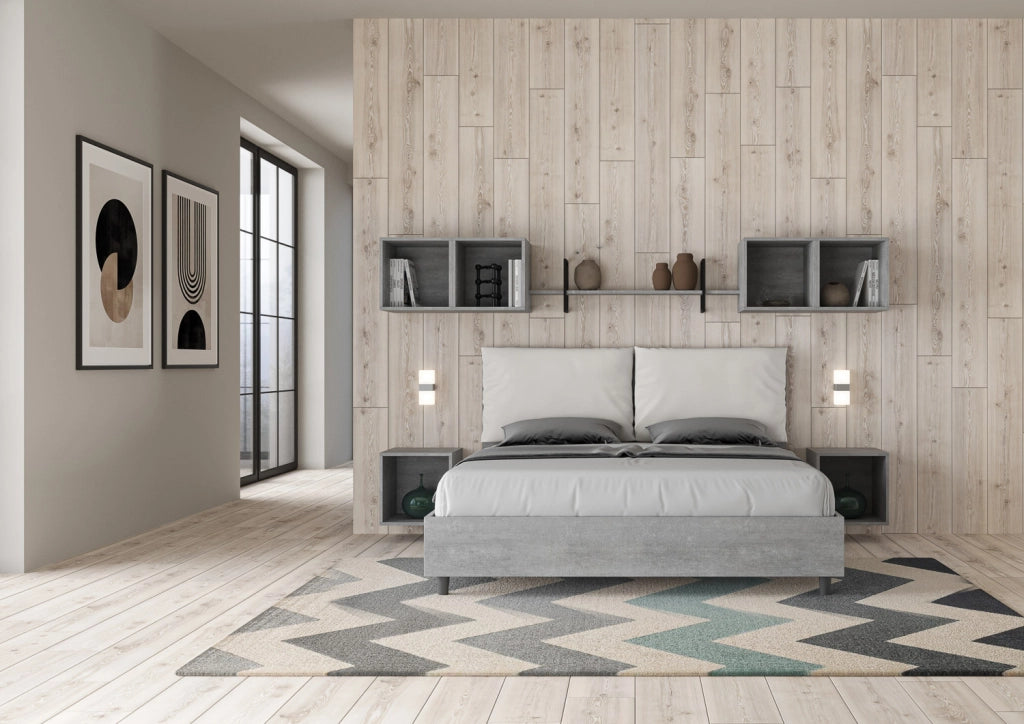 BS COM Letto matrimoniale con rete 160x190 Cemento cuscini similpelle bianco