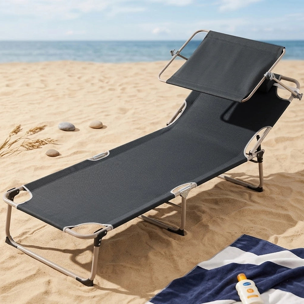 Lettino Prendisole da Spiaggia Pieghevole Schienale Reclinabile Parasole Grigio