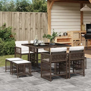 Set da Pranzo da Giardino 9pz con Cuscini Marrone in Polyrattan