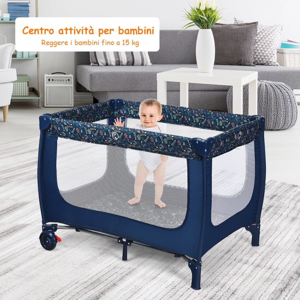 Box portatile per bambini con design pieghevole e 2 ruote, Centro attivit¨¤ resistente e durevole 125x65x76cm Blu