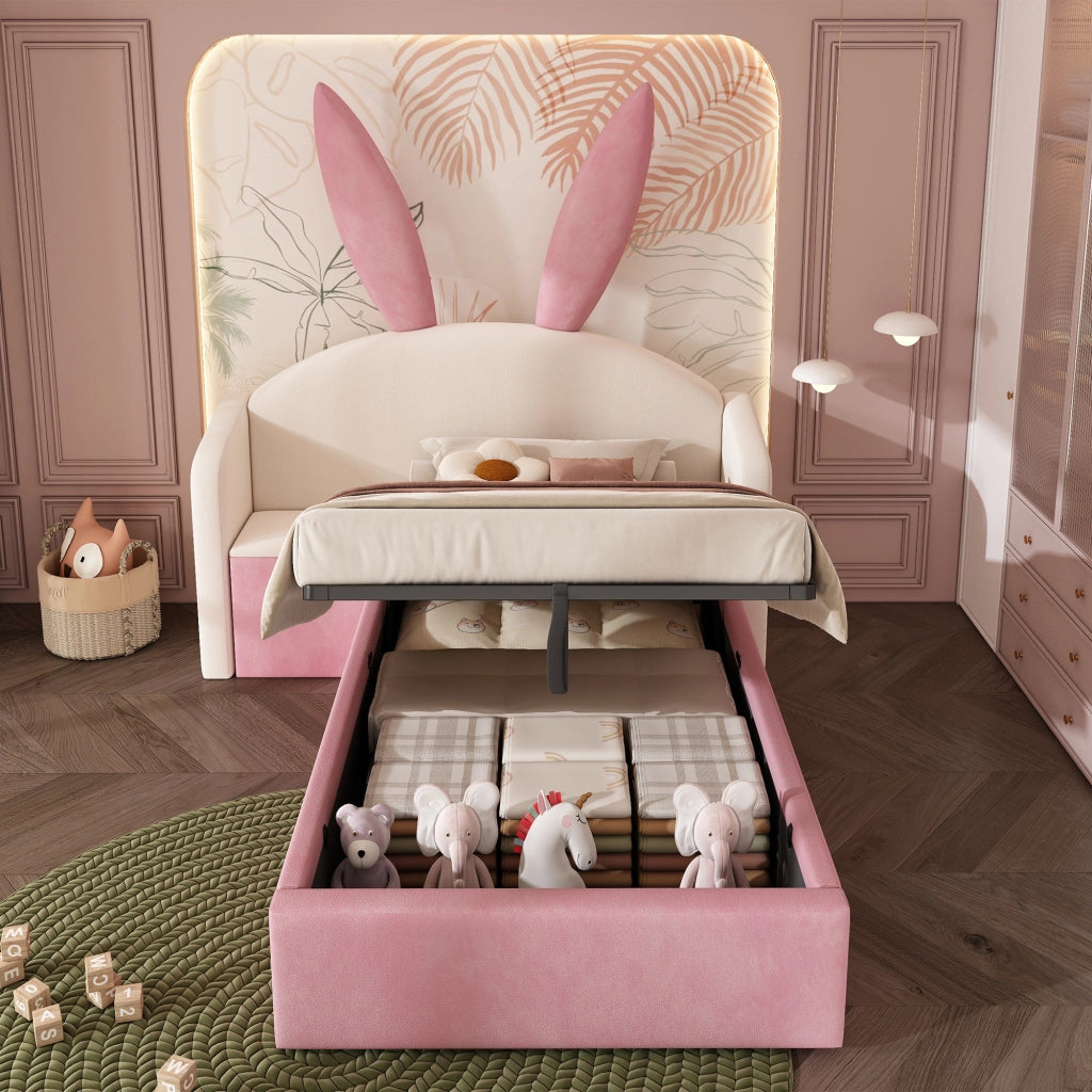 Letto Imbottito Singolo per Bambini con Contenitore e Comodino ¨C MINIMAL ¨C Velluto Beige Rosa 90x190
