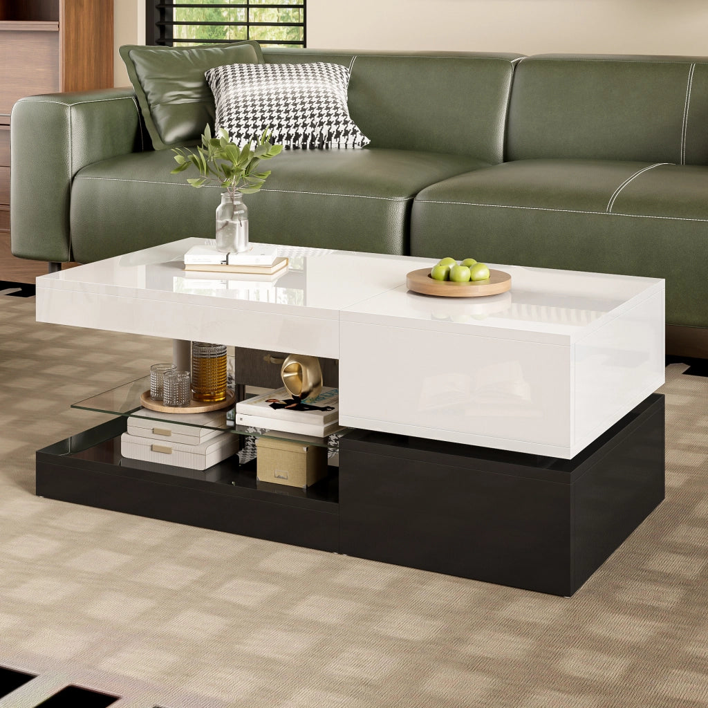 OKWISH Tavolino da Salotto con Ripiano in Vetro e LED, Controllo Bluetooth, per Soggiorno, Nero e Bianco, 90 x 45 x 35.5 cm