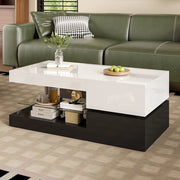 OKWISH Tavolino da Salotto con Ripiano in Vetro e LED, Controllo Bluetooth, per Soggiorno, Nero e Bianco, 90 x 45 x 35.5 cm