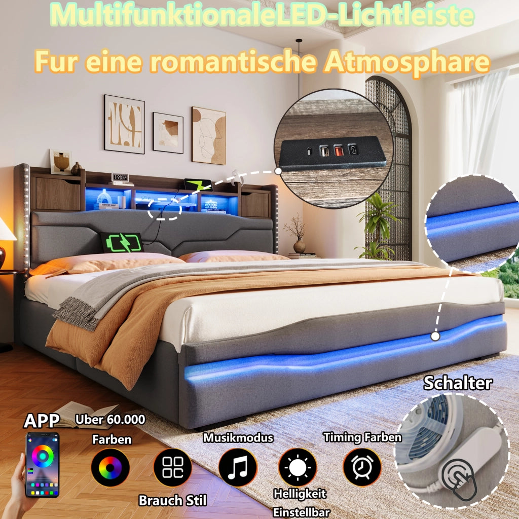 Letto imbottito grigio 180x200 con USB-C LED testiera con vano sollevamento idraulico