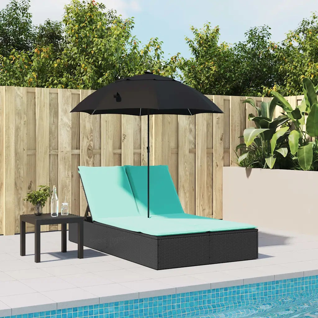 Lettino Prendisole Doppio Cuscini e Parasole Nero in Polyrattan 368089